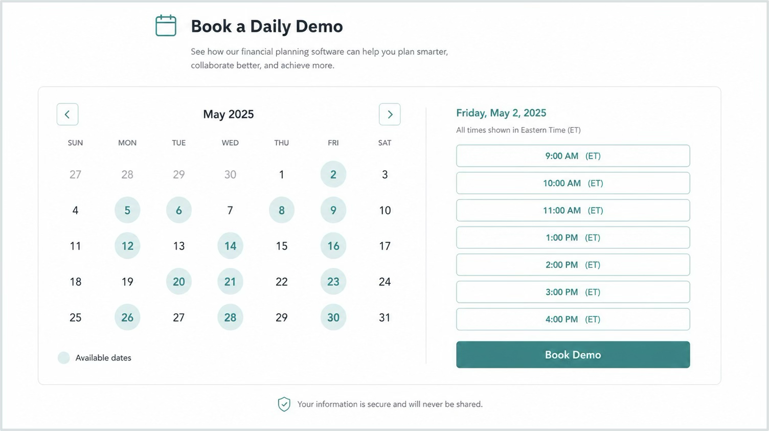 Booking calendar to reserve a seat at the daily 5:00 PM demo, with a month view and available time slots